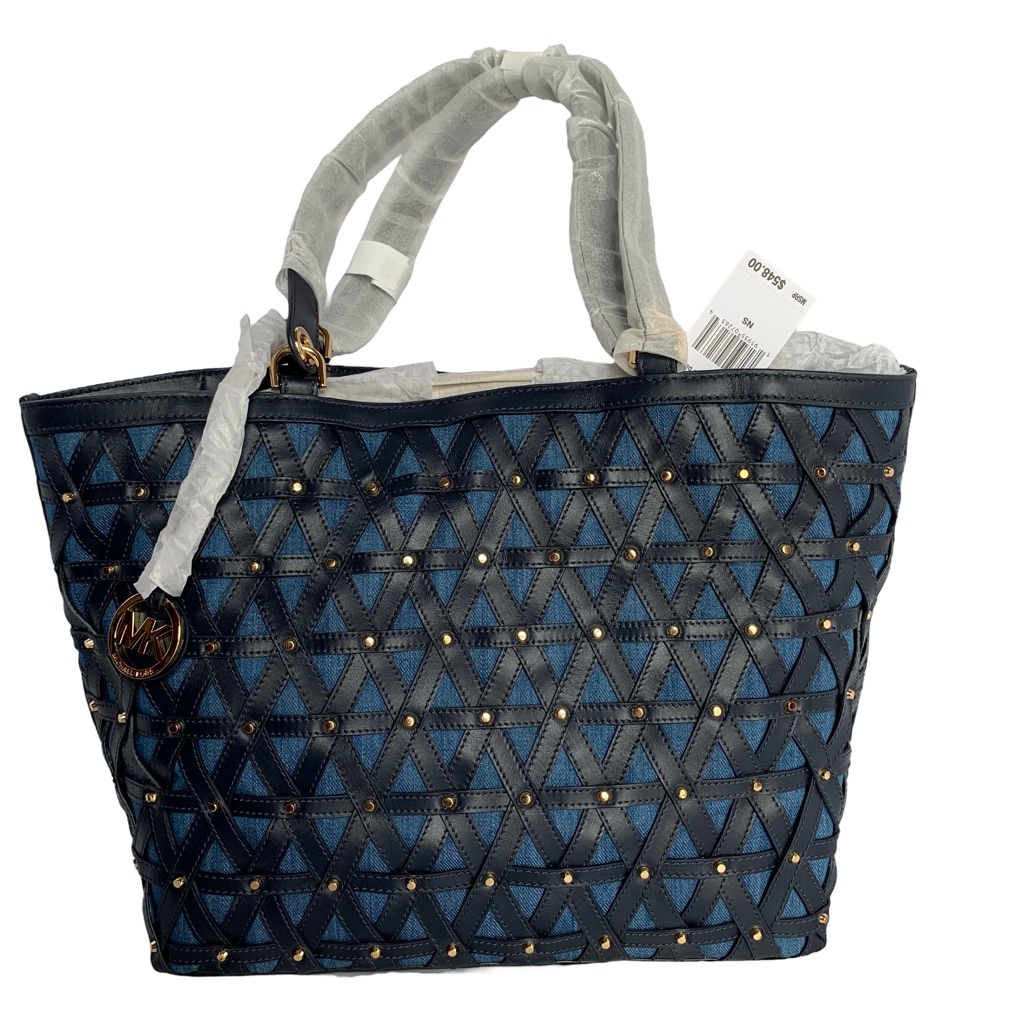 Nwt Michael Kors Lovely Tote In Navy Leather Over Denim, Very Practical